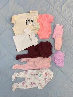 Baby Girl Clothing Lot 0-3 Months Mixed Brands Onesies Sleepers Burp Cloths 9 Pc